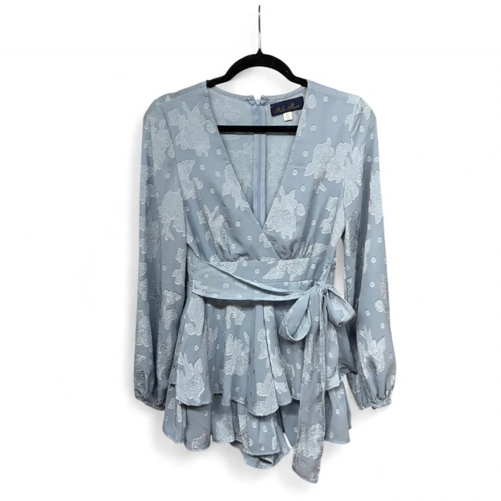 Blue Rain Floral Jacquard Long Sleeve Romper - Dusty Blue - Size Medium - Picture 2 of 10